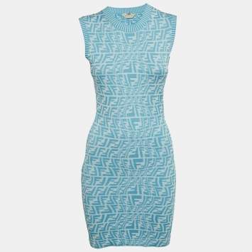Pre Owned Fendi Blue/White Zucca Jacquard Knit Bodycon Midi Dress S