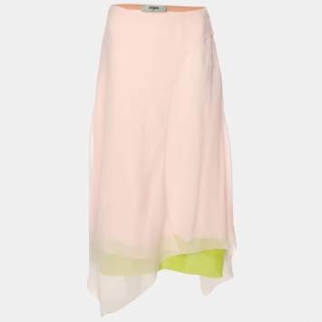 Fendi Pink/Green Silk Asymmetric Midi Skirt S 