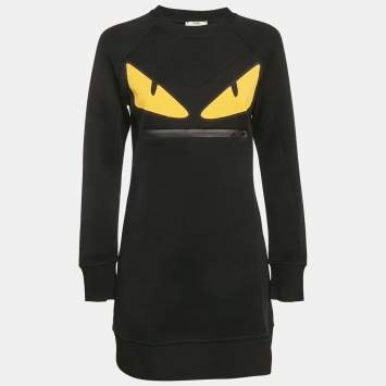 Pre Owned Fendi Black Monster Eye Patch Cotton Knit Sweater Dress S