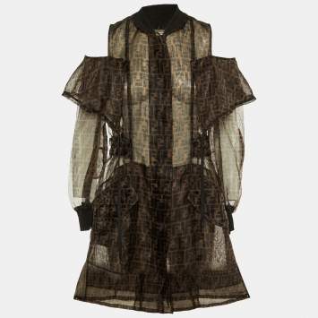 Fendi Brown Zucca Monogram Organza Sheer Cold Shoulder Coat S