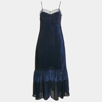 Pre Owned Fendi Navy Blue Diagonal Stripe Velvet Flounce Long Dress S