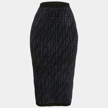 Fendi Navy Blue Zucca Stretch Velvet Pencil Skirt S
