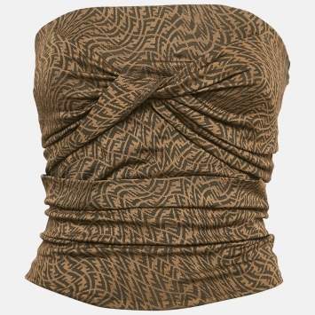 Pre Owned Fendi Brown FF Zucca Monogram Jacquard Knit Strapless Crop Top S