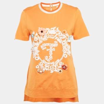 Pre Owned Fendi Orange Cotton Flowerland Embroidered T-Shirt S