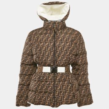 Pre Owned Fendi Brown FF Nylon Belted Down Jacket S