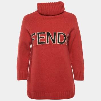 Fendi Red Logo Intarsia Wool Knit Turtle Neck Sweater M