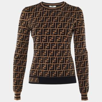 Pre Owned Fendi Brown Zucca Monogram Knit Crew Neck Jumper S