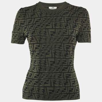 Pre Owned Fendi Green FF Knit Short Sleeve Jumper S