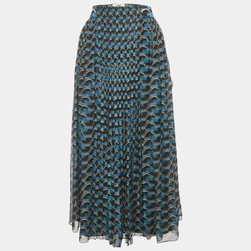 Pre Owned Fendi Blue Geometric Print Silk Pleated Midi Skirt S