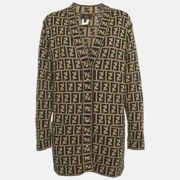 Pre Owned Fendi Vintage Brown Zucca Jacquard Knit Cardigan M