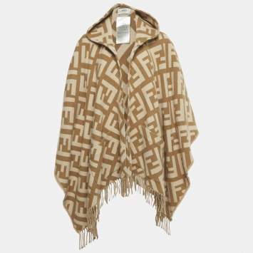 Pre Owned Fendi Beige FF Monogram Intarsia Cashmere Fringed Poncho One Size 