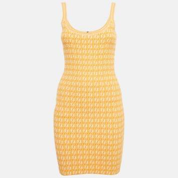 Pre Owned Fendi Orange Zucca Knit Mini Bodycon Dress S