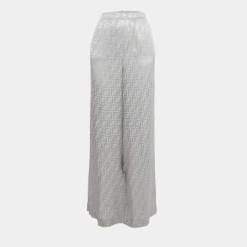 Pre Owned Fendi Grey FF Jacquard Silk Wide-Leg Trousers S