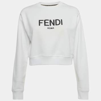 Pre Owned Fendi White Logo Embroidered Cotton Knit Sweatshirt XS