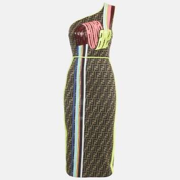 Pre Owned Fendi Brown Zucca Knit One Shoulder Roma Amor Dress S