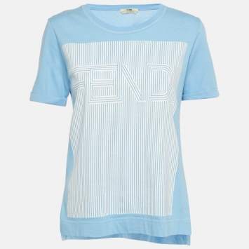 Pre Owned Fendi Blue Stripe Logo Print Cotton T-shirt S