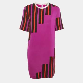 Pre Owned Fendi Purple Striped Crepe Shift Dress M
