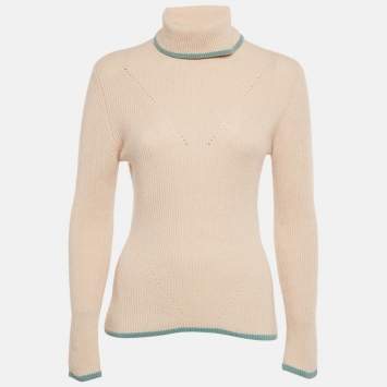 Pre Owned Fendi Dusty Pink Cashmere Contrast Trim Turtle-Neck Sweater S