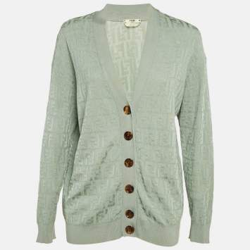 Pre Owned Fendi Mint Green Logo Cotton Knit Cardigan M