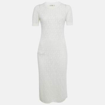 Pre Owned Fendi White Monogram Cotton Knit Midi Dress S