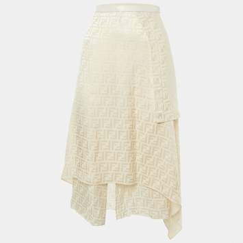 Pre Owned Fendi Cream FF Jacquard Silk Asymmetric Wrap Skirt XS