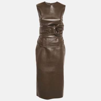 Pre Owned Fendi X Skims Brown Leather Pleated Detail Midi Dress S