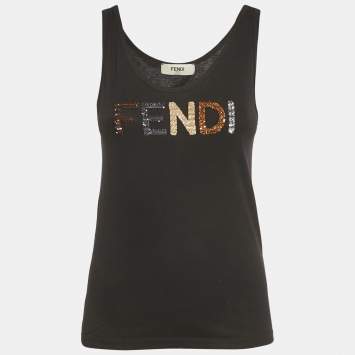 Pre Owned Fendi Black Logo Sequin Cotton Jersey Tank Top XS