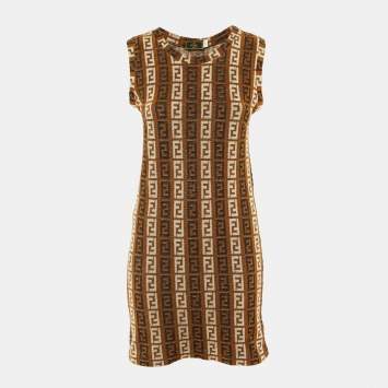 Pre Owned Fendi Mare Vintage Brown Zucca Pattern Terry Cotton Shift Dress M