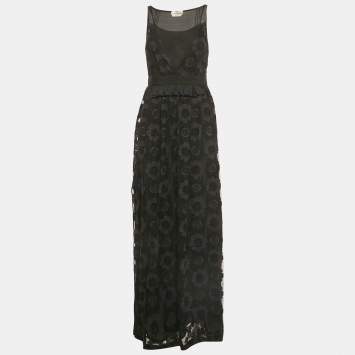 Pre Owned Fendi Black Floral Embroidered Mesh & Silk Maxi Dress S 