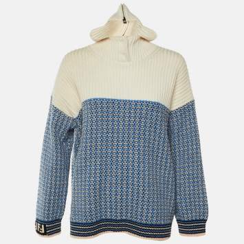 Pre Owned Fendi Blue Wool & Cashmere Knit Hooded Pullover S