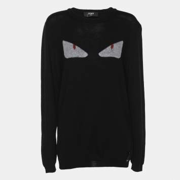 Pre Owned Fendi Black Wool Monster Eye Applique Detail Sweatshirt L