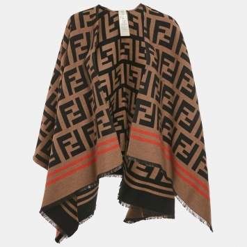 Pre Owned Fendi Brown FF Logo Wool Poncho One Size 