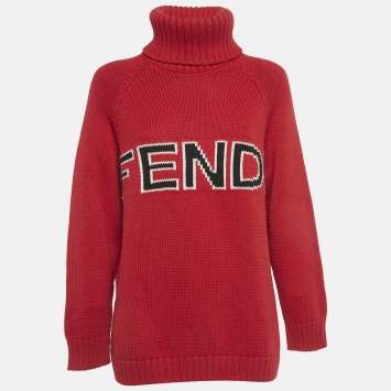Pre Owned Fendi Red Logo Intarsia Wool Knit Turtle Neck Sweater S