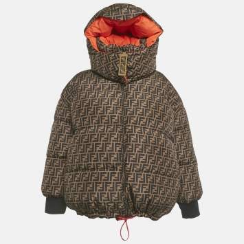 Pre Owned Fendi Brown/Orange Zucca Print Reversible Down Jacket M 