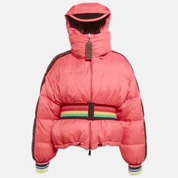 Pre Owned Fendi Brown/Pink FF Print Synthetic Reversible Puffer Jacket M