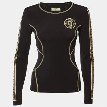 Pre Owned توب فندي بحافة جانبية بطبعة شعار باللون الأسود قماش جيرسي مقاس صغير