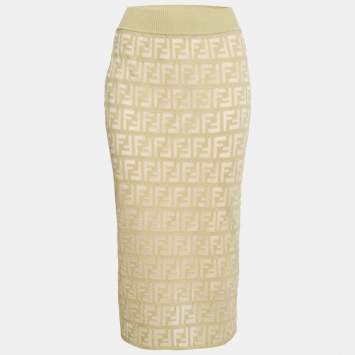 Pre Owned Fendi Green/Cream FF Stretch Knit Pencil Skirt M