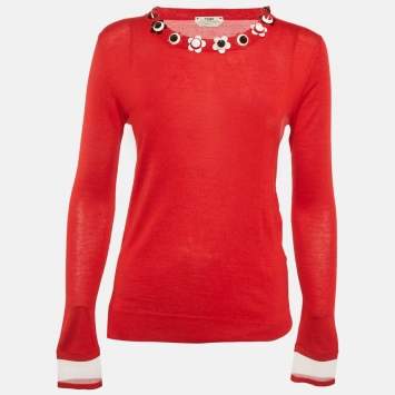Pre Owned Fendi Red Cashmere Neck Embellished Jumper S