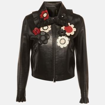 Pre Owned Fendi Black Floral Embellished Leather Biker Jacket M