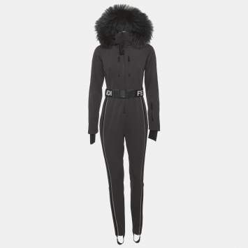 مملوكة مسبقًا Fendi Grey Jersey Fur Hooded Ski Jumpsuit S