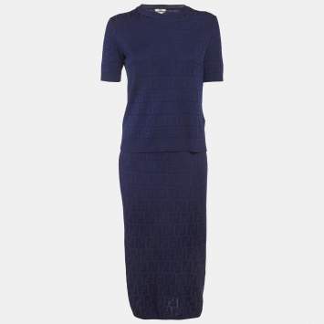 Pre Owned Fendi Blue FF Jersey Top and Skirt Set S/M