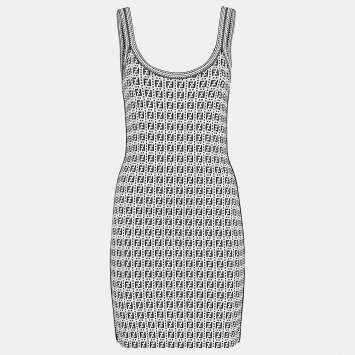 Pre Owned فستان فنْدي جيرسيه جاكار بشعار FF بلون أسود/أبيض مقاس متوسط (ميديم)