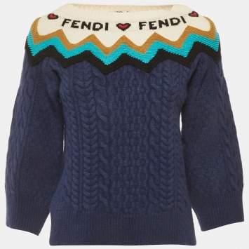 Pre Owned Fendi Blue Cable Knit Intarsia Detail Sweater M