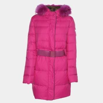 Pre Owned Fendi Pink Nylon and Fur Down Belted Hoodie Jacket M
