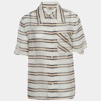 مملوكة مسبقًا Fendi White/Beige Striped Palm Embroidered Short Sleeve Shirt S