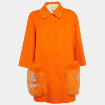 مملوكة مسبقًا Fendi Orange Felt Fox Fur Detail Mid-Length Coat M 