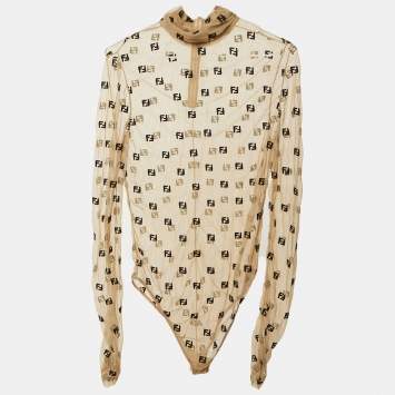 Pre Owned توب فنْدي تول مُطرّز بشعار باللون البيج مقاس وسط