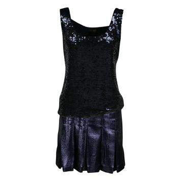 Pre Owned Fendi Metallic Sequined Bodice Drop Waist Pleated Sleeveless Dress S