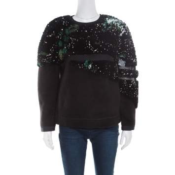 Pre Owned Fendi Black Fleece Wool and Alpaca Blend Crystal Embellished Long Sleeve Jumper S