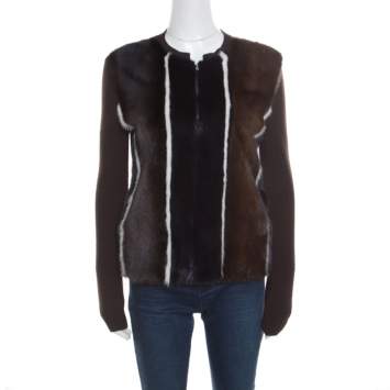Pre Owned Fendi Brown Stretch Wool Mink Fur Paneled Zip Front Sweater S